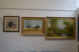 A Rural River Landscape oil on canvas together with a picture depicting a ploughing scene and a