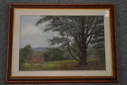 A rural landscape with a tree in the foreground, oil on canvas.