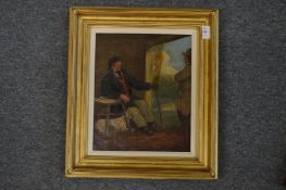 Figures in a country cottage with a dog under the table oil on canvas.