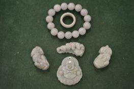 Carved jade dogs of fo and other items.