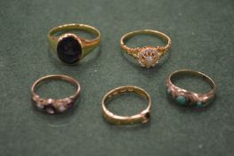 Five various gold rings.