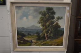 A continental mountainous landscape with a figure on a path, oil on board.