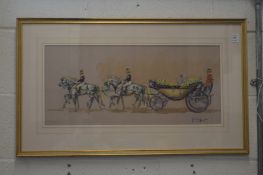 John King, a scene of the Queen Mother in an open top horse-drawn carriage, watercolour.