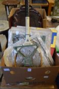 Miscellaneous collectables to include an old tennis racquet, carved wood trays etc.