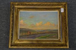 A mountainous landscape with a path, oil on board.