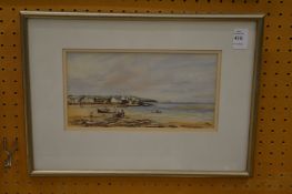 Elizabeth Hainz, a coastal landscape with figures and boats colour print.