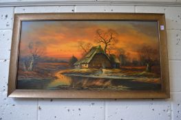 Horst Baumgart, a homestead on a river in winter with the sun setting oil on canvas, signed.