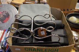 A chrome wine rack, various bags etc.