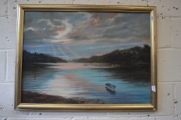 A Tranquil River Landscape with Sailing Boats oil on board.
