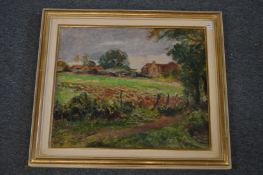 A rural landscape with farm buildings in the distance, oil on board, double sided.