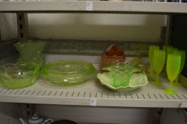 Moulded green glass dishes and vases, a Carlton ware leaf dish etc.