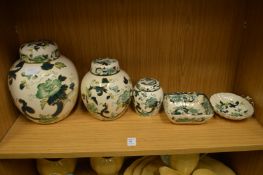 Mason's Chartreuse china to include graduated set of three ginger jars and two dishes.