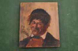 A portrait miniature of a gentleman smoking a pipe, oil on board.