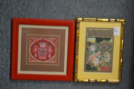 An Indian miniature painting and a Chinese silk work picture.