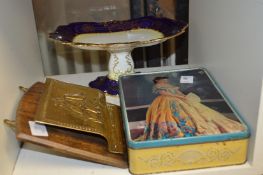 Decorative tin, newspaper holder and a porcelain tazza.