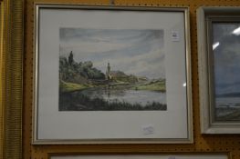 A hand-coloured etching of a German river scene.