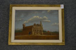 Continental school, a view of an ancient building with figures on a path by a bridge oil on board.