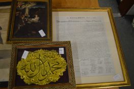An eastern inlaid framed metal plaque and two other items.
