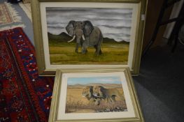 Two oil paintings depicting male lions and an elephant.