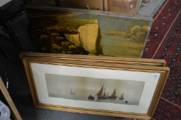 A pair of nautical pictures and a pair of pictures depicting sheep.