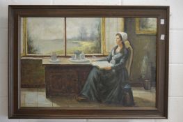 Dutch school, an interior scene with a woman seated reading a book by a window, oil on canvas,