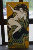 A large colourful unframed canvas depicting a reclining female nude.