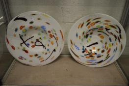 A good large pair of colourful opaque glass circular dishes.