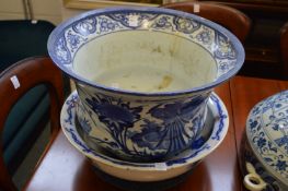 A large Japanese blue and white jardiniere (AF) together with a blue and white bowl.