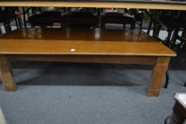 A large oak coffee table.