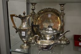 A Sheffield Plate wine ewer and other plated items.