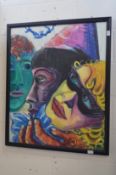 A large colourful oil on canvas depicting faces and masks.