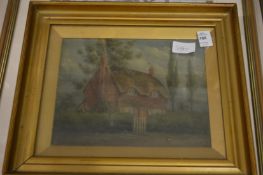 A thatched country cottage watercolour and two other paintings.