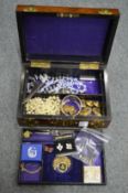 A Victorian walnut jewellery box and contents.