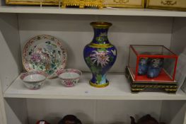 Oriental items to include tea bowls, cloisonne vase, model shoes etc.