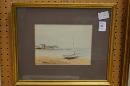 A coastal landscape with a sailing dinghy watercolour.