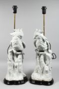 A LARGE PAIR OF WHITE PORCELAIN PARROT LAMPS. 24ins high.