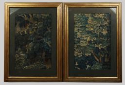 A GOOD PAIR OF 17TH - 18TH CENTURY VERDURE TAPESTRY FRAGMENTS, framed and glazed. 27ins x 17ins.