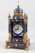 A GOOD BLUE CLOISONNE ENAMEL CLOCK with column supports.