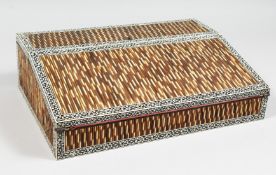 A SUPERB VIZAGAPATAM PORCUPINE QUILL FITTED WRITING SLOPE with ivory inlay and folding flap with ink