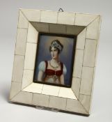 DUPRE. A HALF LENGTH PORTRAIT OF A LADY. 8cm x 6cm on an ivory banded frame. Signed.