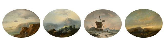 Louis Hoguet (1825-1900) German, a set of four miniature landscape paintings, framed in one ebonised
