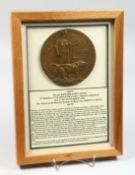 A FRAMED AND GLAZED W W 1 BRONZE MEMORIAL DEATH PLAQUE or 