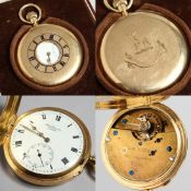 AN 18CT GOLD HALF HUNTER WATCH. J. W. Benson, London, in a leather case.