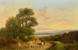 John Barker (19th Century) A cattle drover on a country track with an extensive landscape beyond,