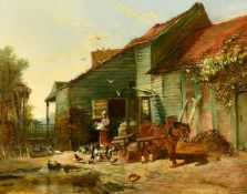 Attributed to Edward Brooke and Benjamin Herring, a farmyard scene in summer with a female figure by