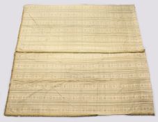 A PAIR OF FLORAL BROCADE CURTAINS, beige ground each with six vertical columns of floral swags. Each