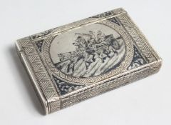 A GOOD RUSSIAN SILVER AND NIELLO CIGARETTE CASE, the top with cart, horses and figures. 9.5cm