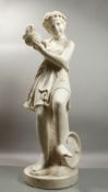 A FINE QUALITY EARLY 20TH CENTURY ITALIAN MARBLE SCULPTUE OF A YOUNG CHILD playing cymbals, 44..5ins