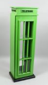 A GREEN PAINTED WOODEN TELEPHONE BOX. 2ft 9ins high.