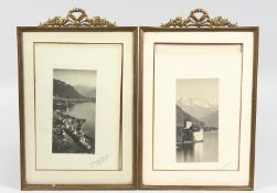 A PAIR OF ORMOLU RECTANGULAR UPRIGHT PHOTOGRAPH FRAMES with ribbon and bow cresting. 16.5ins x 10.
